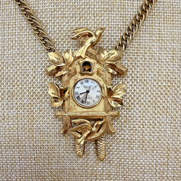 Trifari Jewelry - 1960s Crown Trifari Gold Plate Cuckoo Clock Watch Necklace